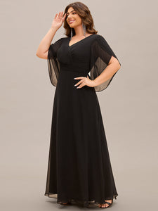 Color=Black | Plus Size Elegant A-Line Half Bud Sleeves Chiffon Evening Dresses with Pleated Decoration-Black 3