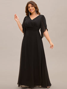 Color=Black | Plus Size Elegant A-Line Half Bud Sleeves Chiffon Evening Dresses with Pleated Decoration-Black 4