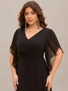 Color=Black | Plus Size Elegant A-Line Half Bud Sleeves Chiffon Evening Dresses with Pleated Decoration-Black 5