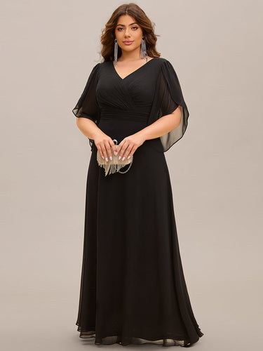 Color=Black | Plus Size Elegant A-Line Half Bud Sleeves Chiffon Evening Dresses with Pleated Decoration-Black 1