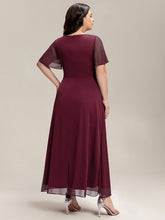 Load image into Gallery viewer, Color=Burgundy | Volume Discounts Short Sleeve Ruffle Deep V-Neck A-Line Maxi Dress with Slit; Mother of the Bride Dresses-Burgundy 7