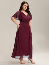 Load image into Gallery viewer, Color=Burgundy | Volume Discounts Short Sleeve Ruffle Deep V-Neck A-Line Maxi Dress with Slit; Mother of the Bride Dresses-Burgundy 9