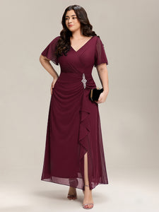 Color=Burgundy | Volume Discounts Short Sleeve Ruffle Deep V-Neck A-Line Maxi Dress with Slit; Mother of the Bride Dresses-Burgundy 10