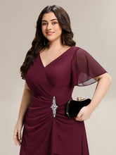Load image into Gallery viewer, Color=Burgundy | Volume Discounts Short Sleeve Ruffle Deep V-Neck A-Line Maxi Dress with Slit; Mother of the Bride Dresses-Burgundy 8