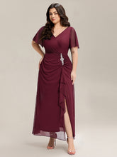 Load image into Gallery viewer, Color=Burgundy | Volume Discounts Short Sleeve Ruffle Deep V-Neck A-Line Maxi Dress with Slit; Mother of the Bride Dresses-Burgundy 6