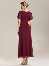 Load image into Gallery viewer, Color=Burgundy | Volume Discounts Short Sleeve Ruffle Deep V-Neck A-Line Maxi Dress with Slit; Mother of the Bride Dresses-Burgundy 2