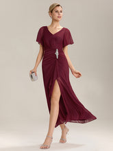 Load image into Gallery viewer, Color=Burgundy | Volume Discounts Short Sleeve Ruffle Deep V-Neck A-Line Maxi Dress with Slit; Mother of the Bride Dresses-Burgundy 4
