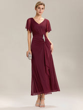 Load image into Gallery viewer, Color=Burgundy | Volume Discounts Short Sleeve Ruffle Deep V-Neck A-Line Maxi Dress with Slit; Mother of the Bride Dresses-Burgundy 5