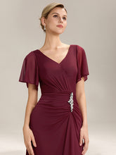 Load image into Gallery viewer, Color=Burgundy | Volume Discounts Short Sleeve Ruffle Deep V-Neck A-Line Maxi Dress with Slit; Mother of the Bride Dresses-Burgundy 3