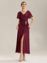 Load image into Gallery viewer, Color=Burgundy | Volume Discounts Short Sleeve Ruffle Deep V-Neck A-Line Maxi Dress with Slit; Mother of the Bride Dresses-Burgundy 1