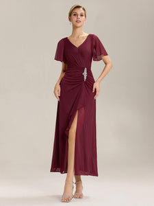 Color=Burgundy | Volume Discounts Short Sleeve Ruffle Deep V-Neck A-Line Maxi Dress with Slit; Mother of the Bride Dresses-Burgundy 1