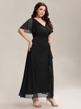 Load image into Gallery viewer, Color=Black | Volume Discounts Short Sleeve Ruffle Deep V-Neck A-Line Maxi Dress with Slit; Mother of the Bride Dresses-Black 19