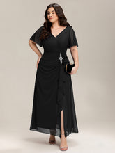Load image into Gallery viewer, Color=Black | Volume Discounts Short Sleeve Ruffle Deep V-Neck A-Line Maxi Dress with Slit; Mother of the Bride Dresses-Black 20