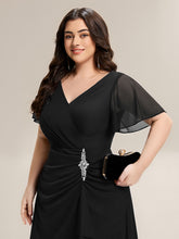 Load image into Gallery viewer, Color=Black | Volume Discounts Short Sleeve Ruffle Deep V-Neck A-Line Maxi Dress with Slit; Mother of the Bride Dresses-Black 18