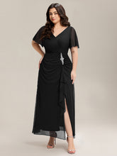 Load image into Gallery viewer, Color=Black | Volume Discounts Short Sleeve Ruffle Deep V-Neck A-Line Maxi Dress with Slit; Mother of the Bride Dresses-Black 16