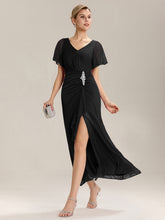 Load image into Gallery viewer, Color=Black | Volume Discounts Short Sleeve Ruffle Deep V-Neck A-Line Maxi Dress with Slit; Mother of the Bride Dresses-Black 14