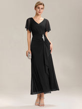 Load image into Gallery viewer, Color=Black | Volume Discounts Short Sleeve Ruffle Deep V-Neck A-Line Maxi Dress with Slit; Mother of the Bride Dresses-Black 15