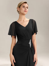 Load image into Gallery viewer, Color=Black | Volume Discounts Short Sleeve Ruffle Deep V-Neck A-Line Maxi Dress with Slit; Mother of the Bride Dresses-Black 13