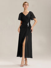 Load image into Gallery viewer, Color=Black | Volume Discounts Short Sleeve Ruffle Deep V-Neck A-Line Maxi Dress with Slit; Mother of the Bride Dresses-Black 11