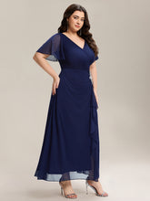 Load image into Gallery viewer, Color=Navy Blue | Volume Discounts Short Sleeve Ruffle Deep V-Neck A-Line Maxi Dress with Slit; Mother of the Bride Dresses-Navy Blue 29