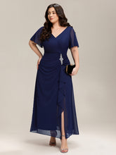 Load image into Gallery viewer, Color=Navy Blue | Volume Discounts Short Sleeve Ruffle Deep V-Neck A-Line Maxi Dress with Slit; Mother of the Bride Dresses-Navy Blue 30