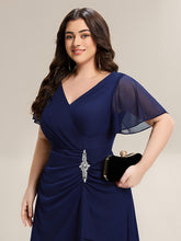 Load image into Gallery viewer, Color=Navy Blue | Volume Discounts Short Sleeve Ruffle Deep V-Neck A-Line Maxi Dress with Slit; Mother of the Bride Dresses-Navy Blue 28