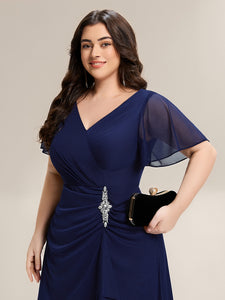 Color=Navy Blue | Volume Discounts Short Sleeve Ruffle Deep V-Neck A-Line Maxi Dress with Slit; Mother of the Bride Dresses-Navy Blue 28