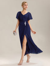 Load image into Gallery viewer, Color=Navy Blue | Volume Discounts Short Sleeve Ruffle Deep V-Neck A-Line Maxi Dress with Slit; Mother of the Bride Dresses-Navy Blue 24