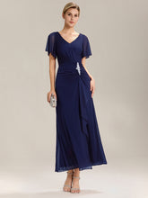 Load image into Gallery viewer, Color=Navy Blue | Volume Discounts Short Sleeve Ruffle Deep V-Neck A-Line Maxi Dress with Slit; Mother of the Bride Dresses-Navy Blue 25