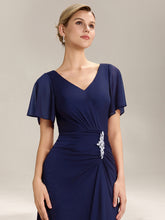 Load image into Gallery viewer, Color=Navy Blue | Volume Discounts Short Sleeve Ruffle Deep V-Neck A-Line Maxi Dress with Slit; Mother of the Bride Dresses-Navy Blue 23
