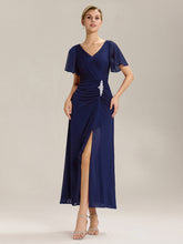 Load image into Gallery viewer, Color=Navy Blue | Volume Discounts Short Sleeve Ruffle Deep V-Neck A-Line Maxi Dress with Slit; Mother of the Bride Dresses-Navy Blue 21