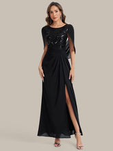 Load image into Gallery viewer, Color=Black | Factory Design Half Sleeve Gathered Cowl Neck A-Line Maxi Dress | Mother of the Bride Dresses-Black 4