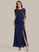 Load image into Gallery viewer, Color=Navy Blue | Factory Design Half Sleeve Gathered Cowl Neck A-Line Maxi Dress | Mother of the Bride Dresses-Navy Blue 14