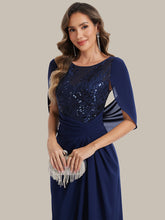 Load image into Gallery viewer, Color=Navy Blue | Factory Design Half Sleeve Gathered Cowl Neck A-Line Maxi Dress | Mother of the Bride Dresses-Navy Blue 13
