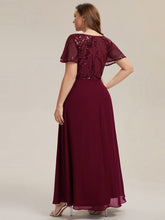 Load image into Gallery viewer, Color=Burgundy | B2B-Exclusive Short Sleeve Ruffle A-Line Maxi Dress with Deep V-Neck Appliques; Mother of the Bride Dresses-Burgundy 7