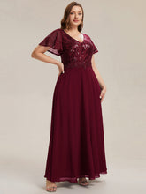 Load image into Gallery viewer, Color=Burgundy | B2B-Exclusive Short Sleeve Ruffle A-Line Maxi Dress with Deep V-Neck Appliques; Mother of the Bride Dresses-Burgundy 9