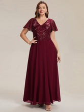 Load image into Gallery viewer, Color=Burgundy | B2B-Exclusive Short Sleeve Ruffle A-Line Maxi Dress with Deep V-Neck Appliques; Mother of the Bride Dresses-Burgundy 10