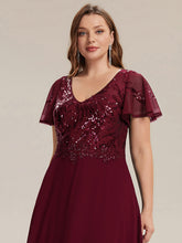 Load image into Gallery viewer, Color=Burgundy | B2B-Exclusive Short Sleeve Ruffle A-Line Maxi Dress with Deep V-Neck Appliques; Mother of the Bride Dresses-Burgundy 8