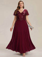 Load image into Gallery viewer, Color=Burgundy | B2B-Exclusive Short Sleeve Ruffle A-Line Maxi Dress with Deep V-Neck Appliques; Mother of the Bride Dresses-Burgundy 6