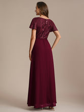 Load image into Gallery viewer, Color=Burgundy | B2B-Exclusive Short Sleeve Ruffle A-Line Maxi Dress with Deep V-Neck Appliques; Mother of the Bride Dresses-Burgundy 2