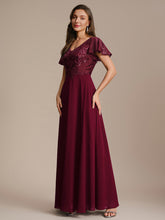 Load image into Gallery viewer, Color=Burgundy | B2B-Exclusive Short Sleeve Ruffle A-Line Maxi Dress with Deep V-Neck Appliques; Mother of the Bride Dresses-Burgundy 4