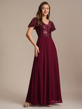 Load image into Gallery viewer, Color=Burgundy | B2B-Exclusive Short Sleeve Ruffle A-Line Maxi Dress with Deep V-Neck Appliques; Mother of the Bride Dresses-Burgundy 5