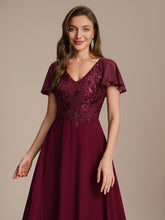 Load image into Gallery viewer, Color=Burgundy | B2B-Exclusive Short Sleeve Ruffle A-Line Maxi Dress with Deep V-Neck Appliques; Mother of the Bride Dresses-Burgundy 3