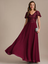 Load image into Gallery viewer, Color=Burgundy | B2B-Exclusive Short Sleeve Ruffle A-Line Maxi Dress with Deep V-Neck Appliques; Mother of the Bride Dresses-Burgundy 1