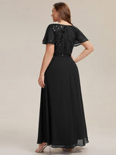 Load image into Gallery viewer, Color=Black | B2B-Exclusive Short Sleeve Ruffle A-Line Maxi Dress with Deep V-Neck Appliques; Mother of the Bride Dresses-Black 17
