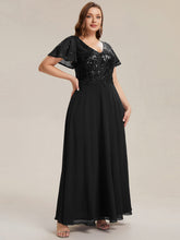 Load image into Gallery viewer, Color=Black | B2B-Exclusive Short Sleeve Ruffle A-Line Maxi Dress with Deep V-Neck Appliques; Mother of the Bride Dresses-Black 19