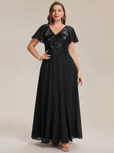 Load image into Gallery viewer, Color=Black | B2B-Exclusive Short Sleeve Ruffle A-Line Maxi Dress with Deep V-Neck Appliques; Mother of the Bride Dresses-Black 20