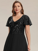 Load image into Gallery viewer, Color=Black | B2B-Exclusive Short Sleeve Ruffle A-Line Maxi Dress with Deep V-Neck Appliques; Mother of the Bride Dresses-Black 18
