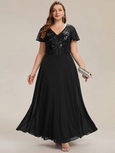 Load image into Gallery viewer, Color=Black | B2B-Exclusive Short Sleeve Ruffle A-Line Maxi Dress with Deep V-Neck Appliques; Mother of the Bride Dresses-Black 16