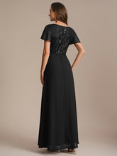 Load image into Gallery viewer, Color=Black | B2B-Exclusive Short Sleeve Ruffle A-Line Maxi Dress with Deep V-Neck Appliques; Mother of the Bride Dresses-Black 12